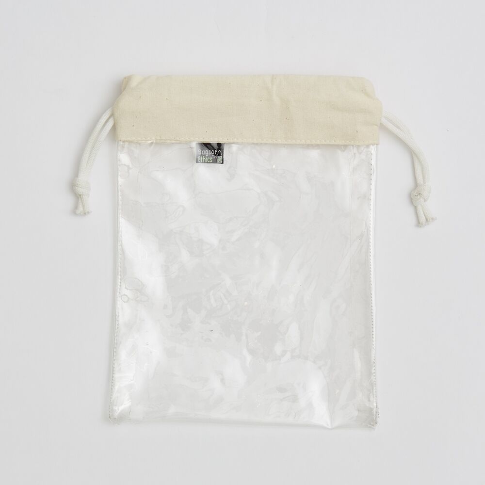 clear-pvc-small-drawstring-bag-supreme-creations Small PVC drawstring bag with cotton fabric on top direct from manufacturer